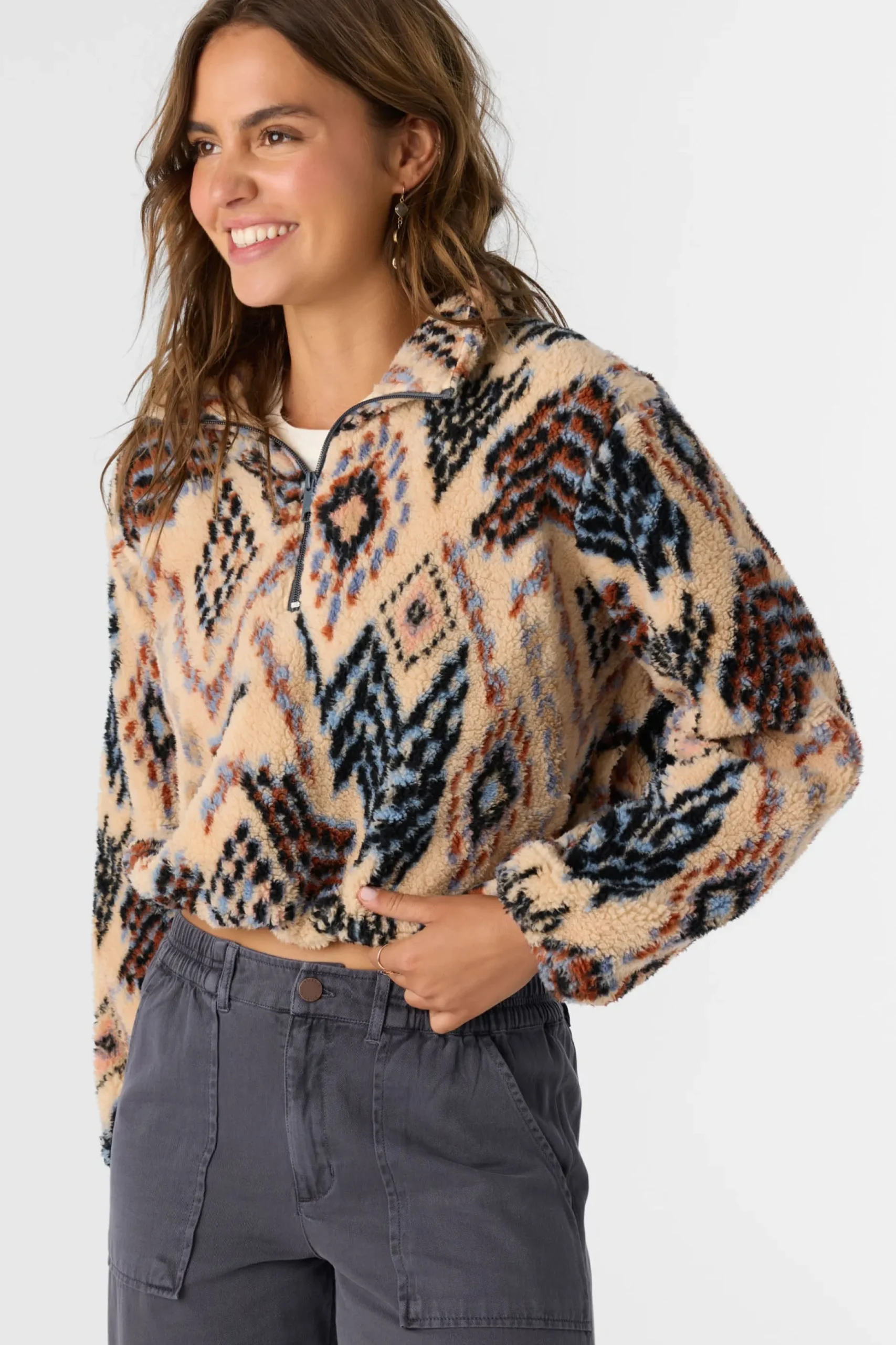 KACEY PALMER PRINT HIGH PILE FLEECE PULLOVER