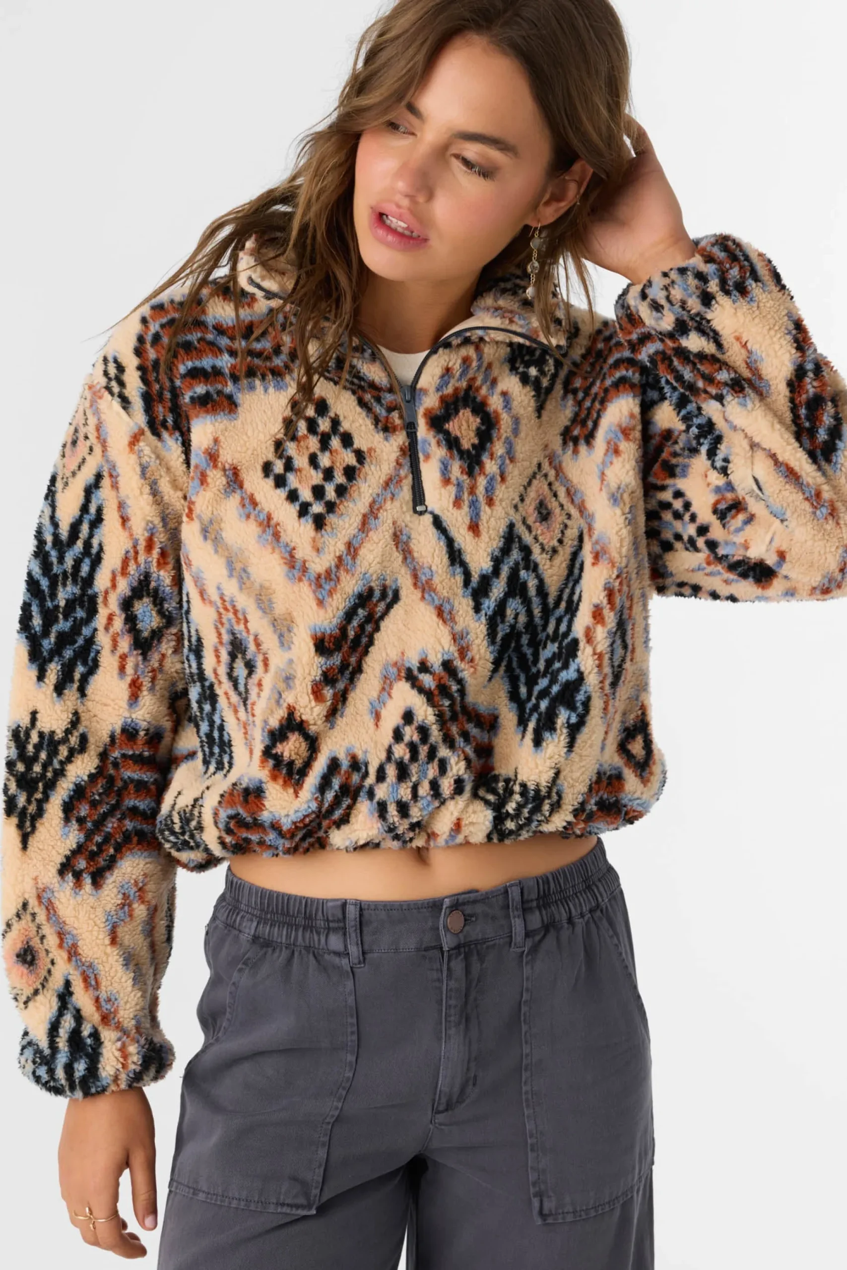 KACEY PALMER PRINT HIGH PILE FLEECE PULLOVER