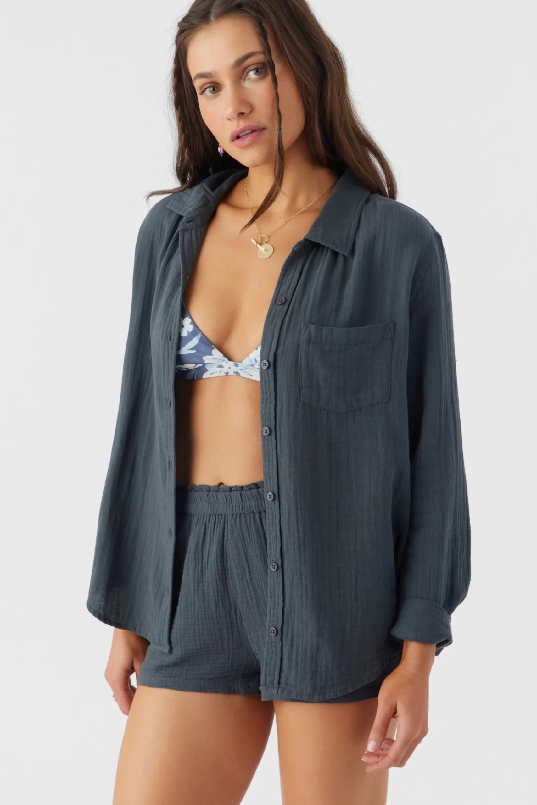 LENI CRINKLE DOUBLE GAUZE BUTTON DOWN SHIRT